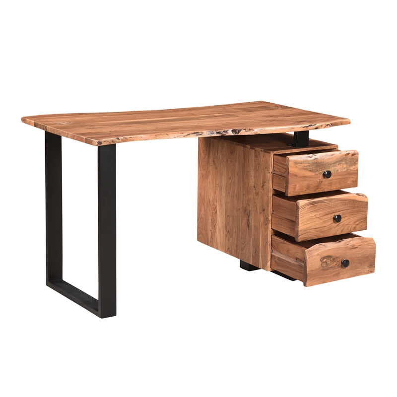 Pemberly Row Mid-Century 2-piece Live Edge Solid Wood Desk Set in Brown