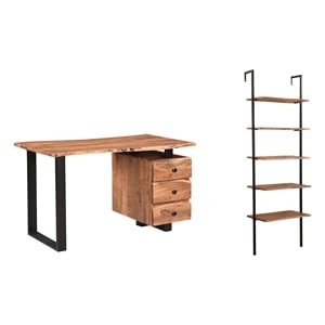 Pemberly Row Mid-Century 2-piece Live Edge Solid Wood Desk Set in Brown