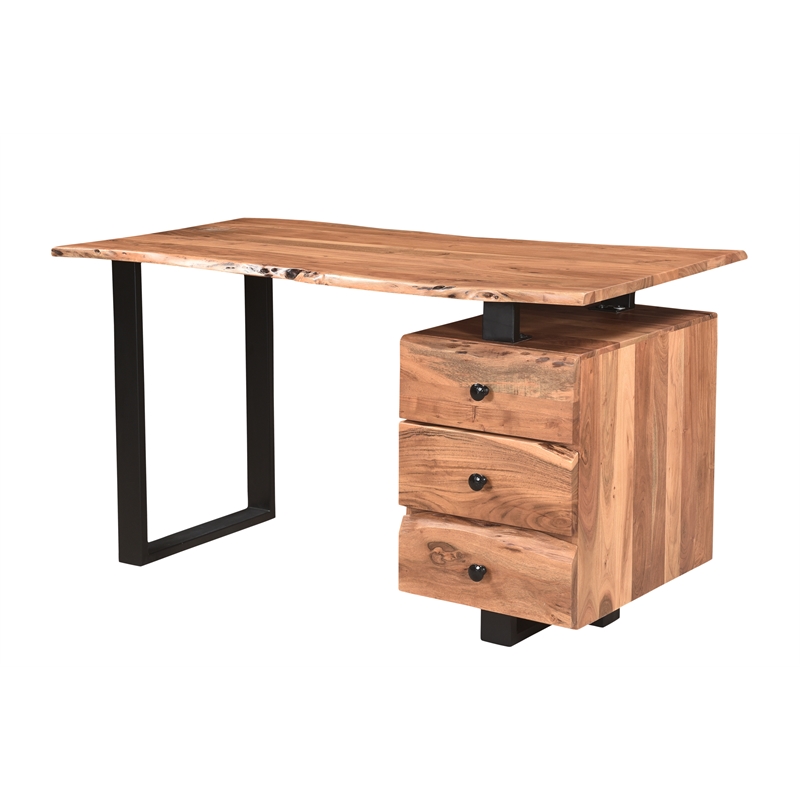 Pemberly Row Mid-Century 2-piece Live Edge Solid Wood Desk Set in Brown