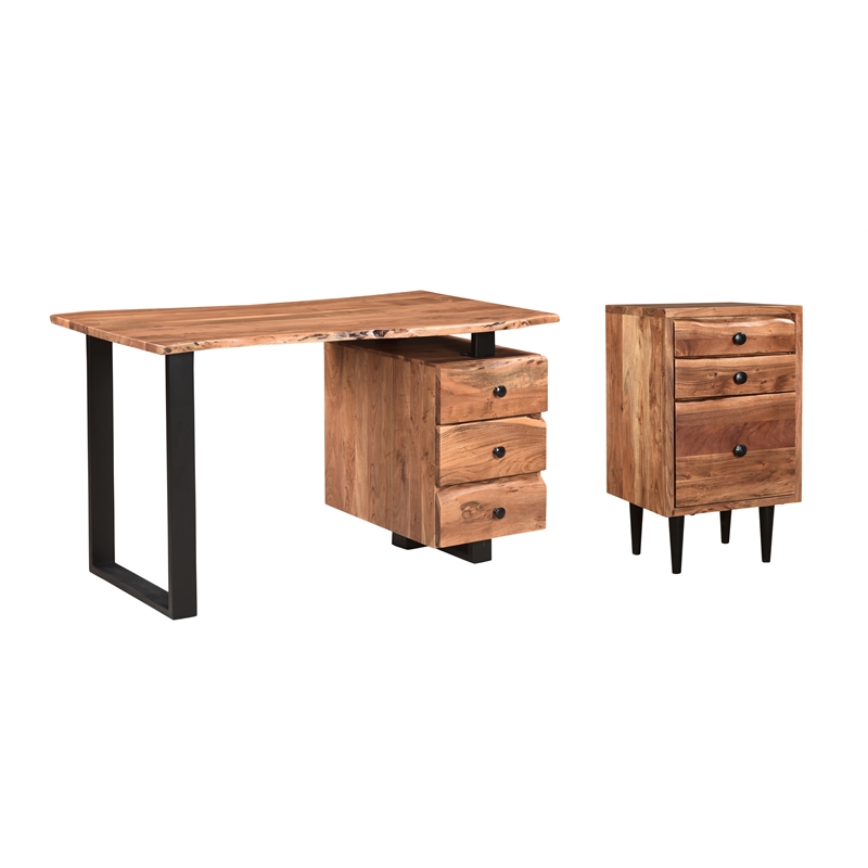 Pemberly Row Mid-Century 2-piece Live Edge Solid Wood Desk Set in Brown