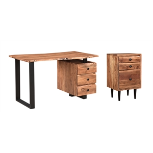Pemberly Row Mid-Century 2-piece Live Edge Solid Wood Desk Set in Brown