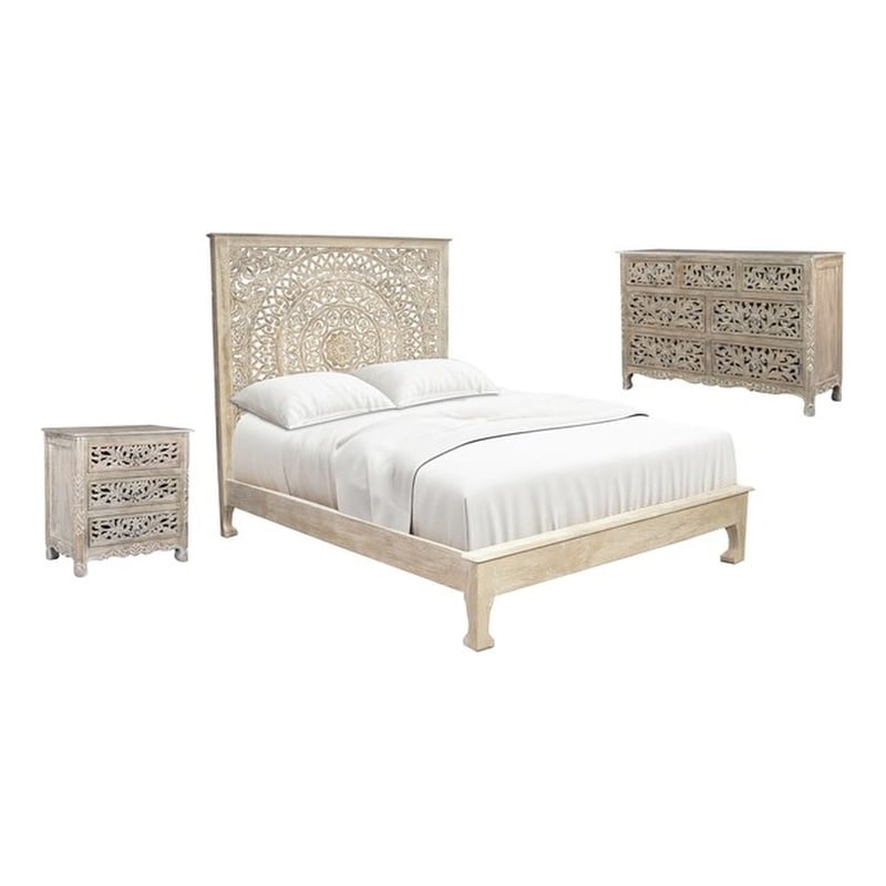 Pemberly Row 3-piece Floral Carved Solid Wood Bedroom Set in Gray