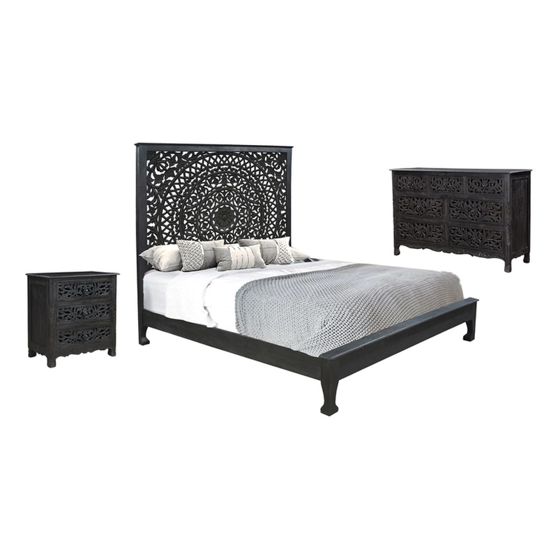 Pemberly Row 3-piece Floral Carved Solid Wood Bedroom Set in Black