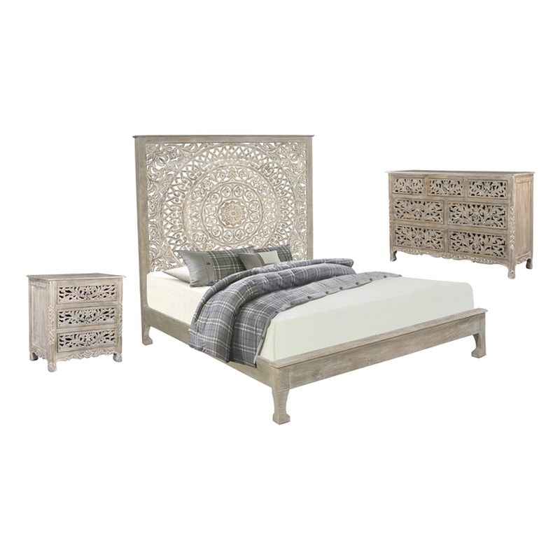 Pemberly Row 3-piece Floral Carved Solid Wood Bedroom Set in Gray