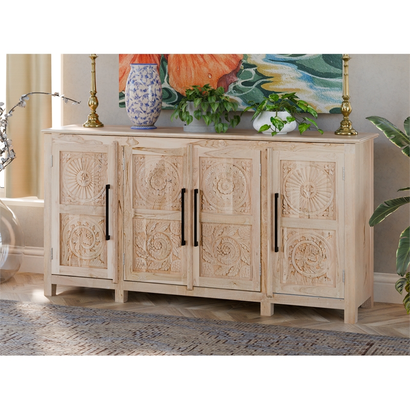Pemberly Row Traditional 4-Door Carved Solid Wood Sideboard in Brown