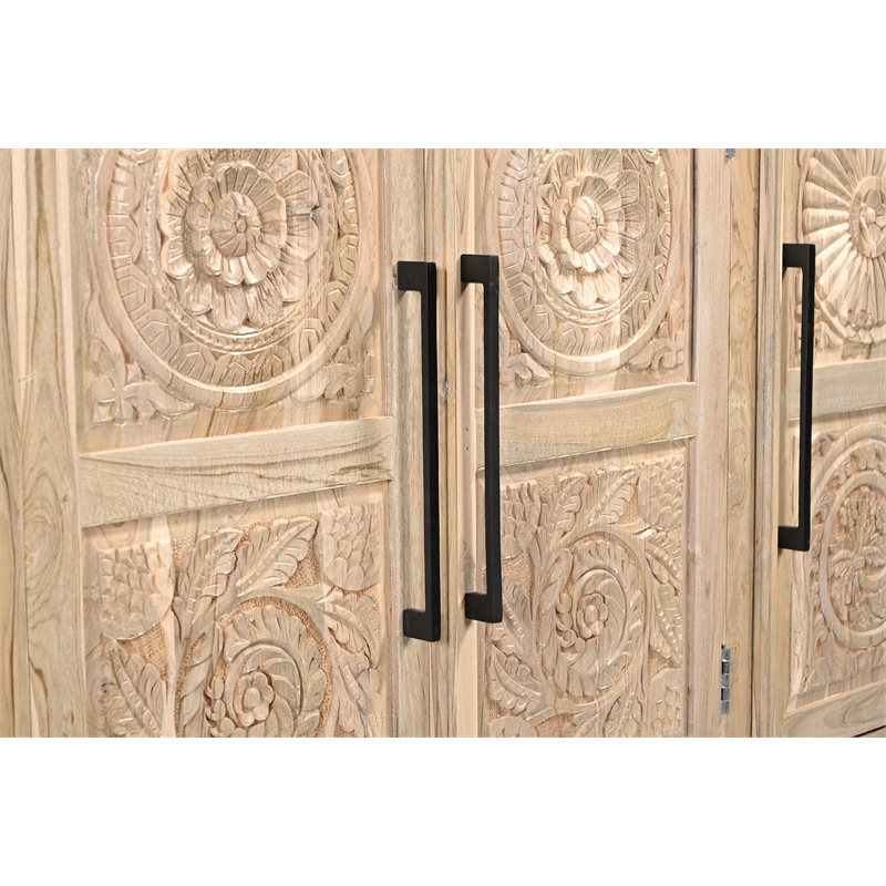 Pemberly Row Traditional 4-Door Carved Solid Wood Sideboard in Brown