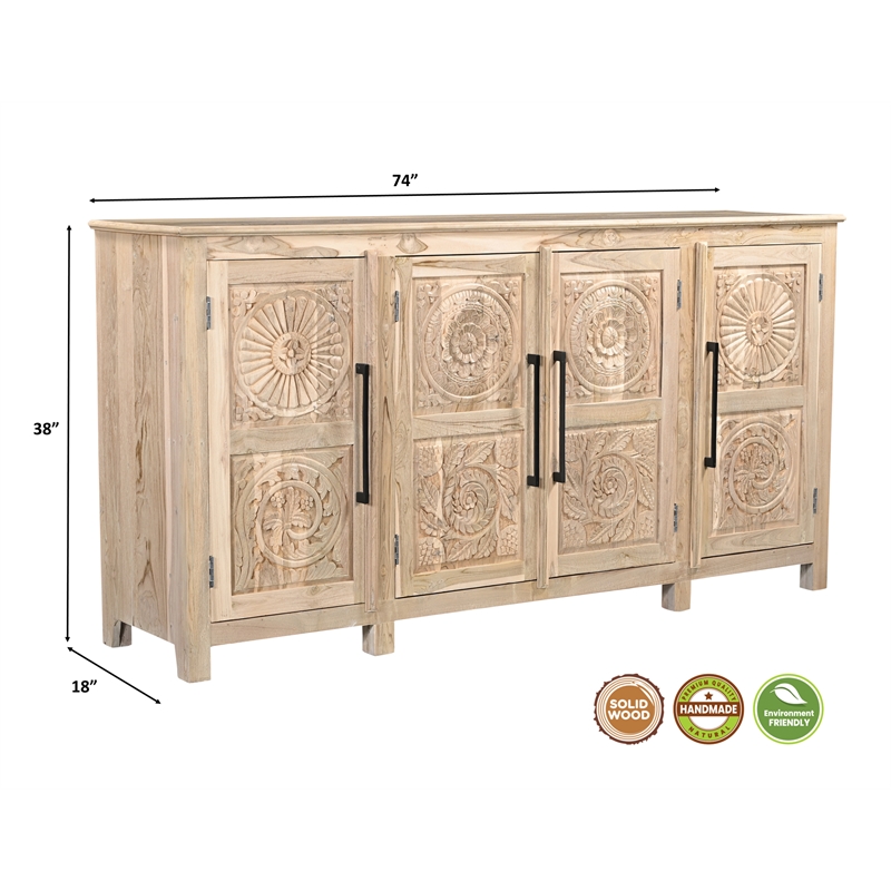 Pemberly Row Traditional 4-Door Carved Solid Wood Sideboard in Brown