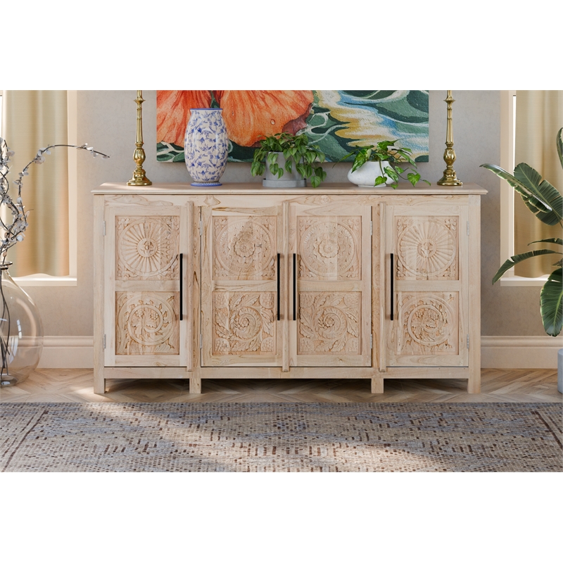 Pemberly Row Traditional 4-Door Carved Solid Wood Sideboard in Brown