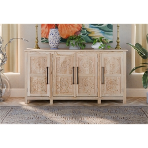 Pemberly Row Traditional 4-Door Carved Solid Wood Sideboard in Brown