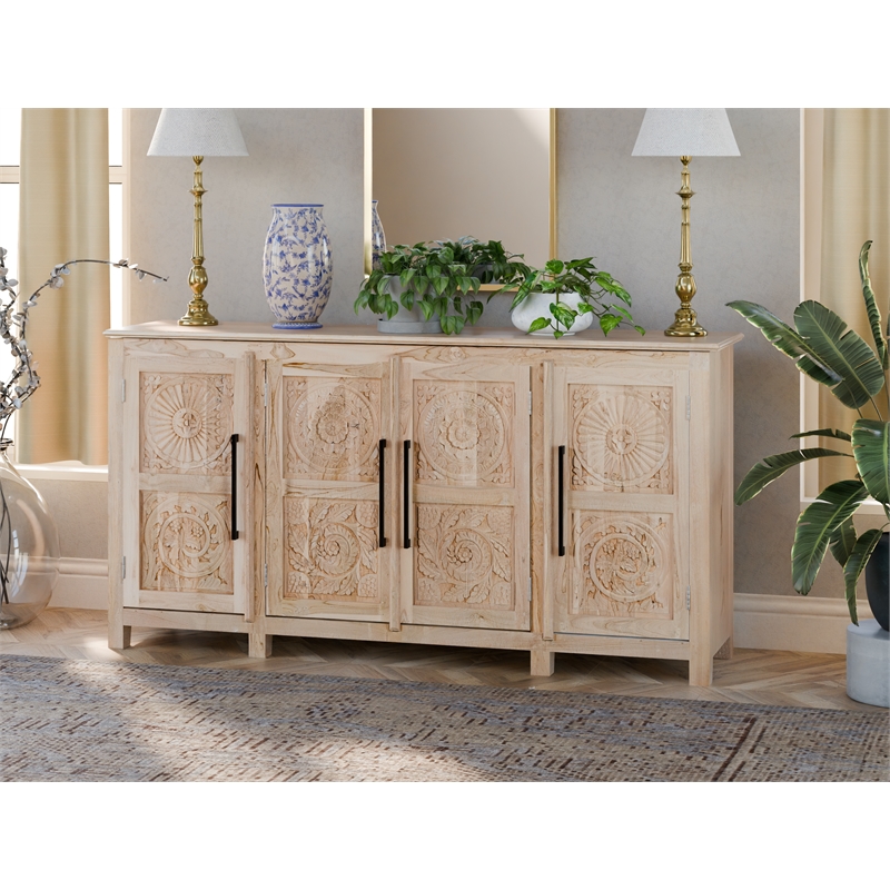 Pemberly Row Traditional 4-Door Carved Solid Wood Sideboard in Brown