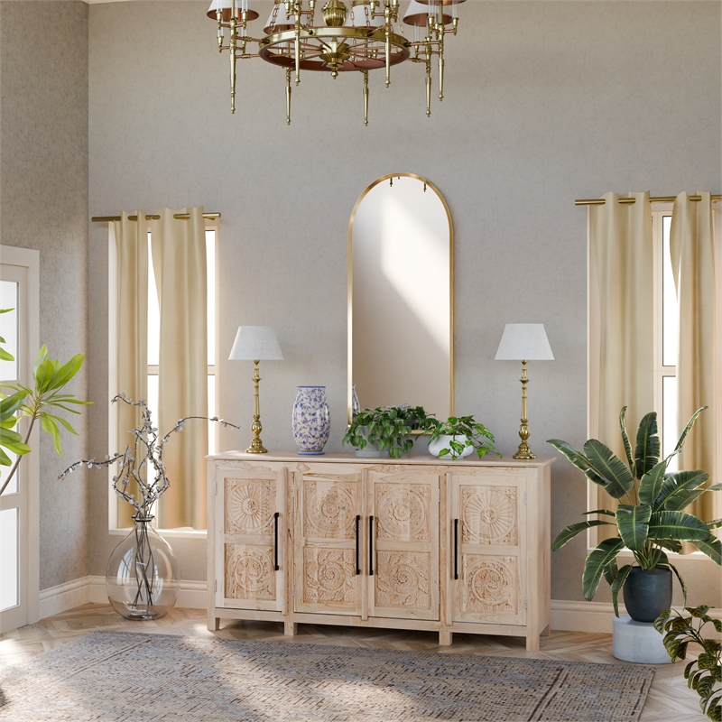 Pemberly Row Traditional 4-Door Carved Solid Wood Sideboard in Brown