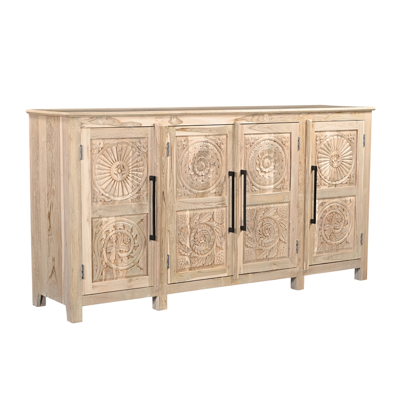 Pemberly Row Traditional 4-Door Carved Solid Wood Sideboard in Brown