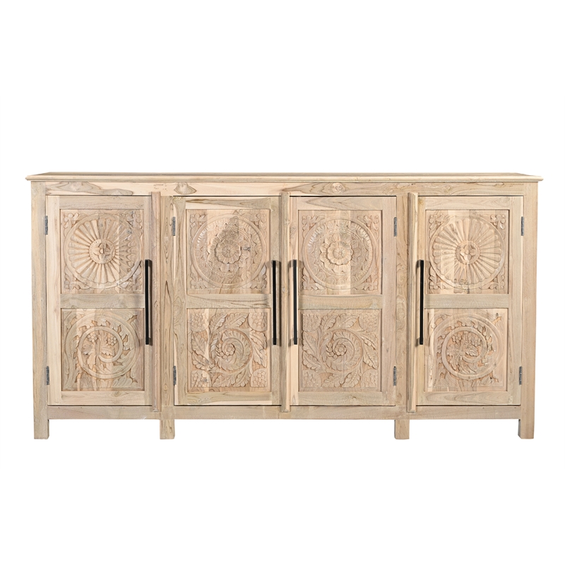 Pemberly Row Traditional 4-Door Carved Solid Wood Sideboard in Brown