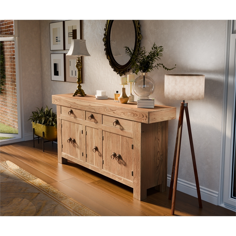 Pemberly Row Traditional 3-drawer 5-Door Solid Wood Sideboard in Brown