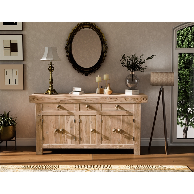 Pemberly Row Traditional 3-drawer 5-Door Solid Wood Sideboard in Brown
