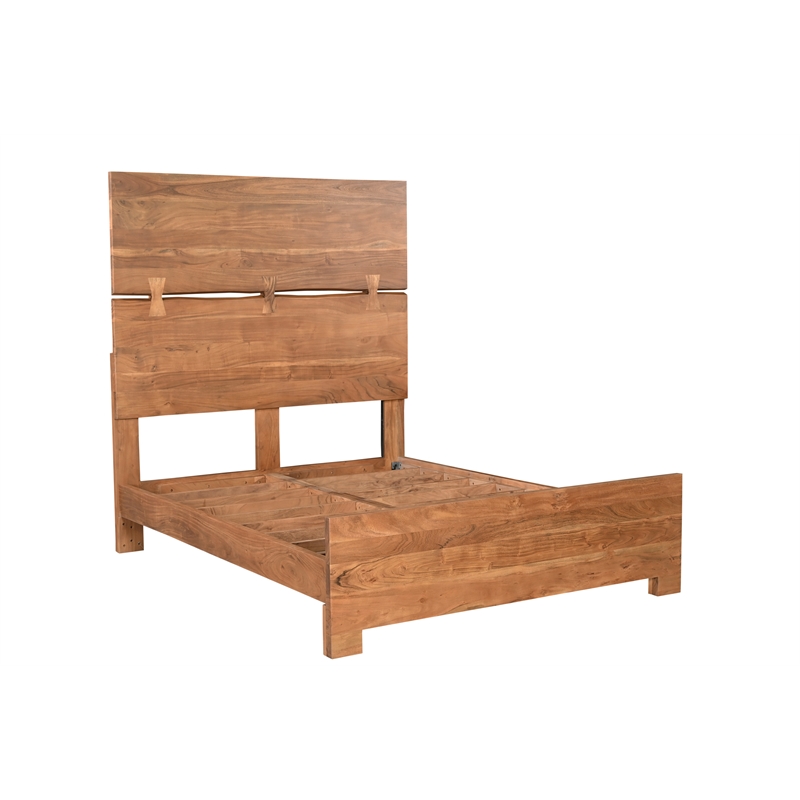 Pemberly Row Mid-Century Live Edge Solid Wood Queen Panel Bed in Brown