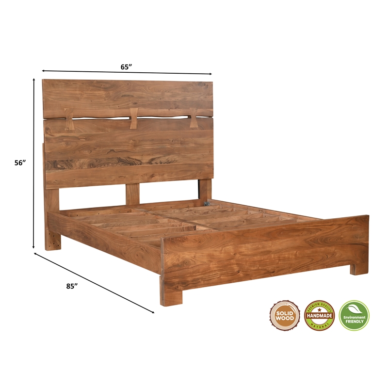 Pemberly Row Mid-Century Live Edge Solid Wood Queen Panel Bed in Brown