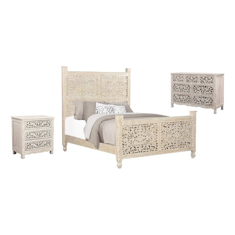 Pemberly Row 3-piece Floral Carved Solid Wood Bedroom Set in White