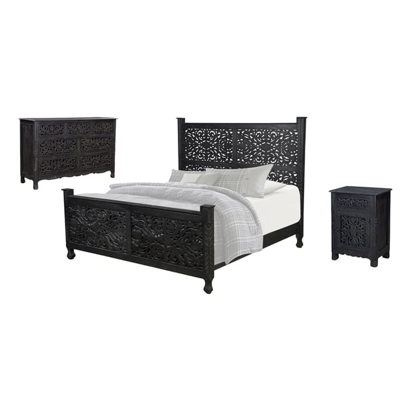 Pemberly Row 3-piece Floral Carved Solid Wood Bedroom Set in Black