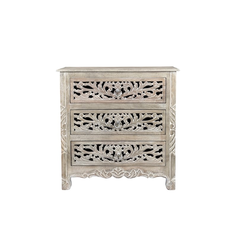 Pemberly Row 3-piece Floral Carved Solid Wood Bedroom Set in Gray