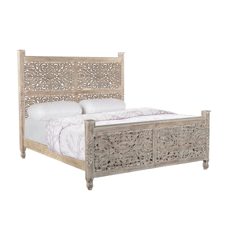 Pemberly Row 3-piece Floral Carved Solid Wood Bedroom Set in Gray