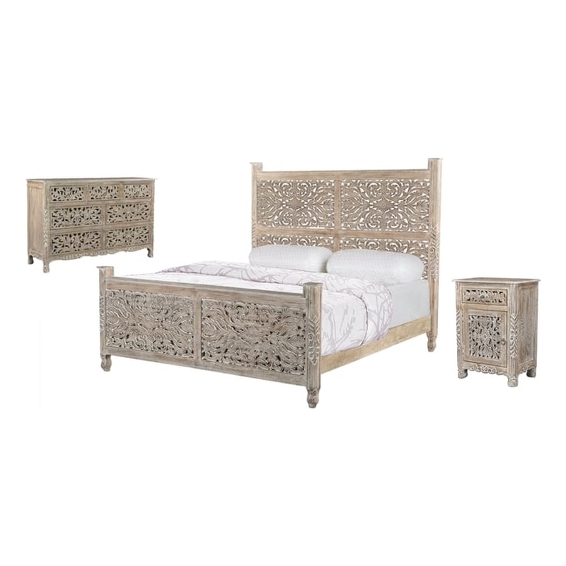 Pemberly Row 3-piece Floral Carved Solid Wood Bedroom Set in Gray