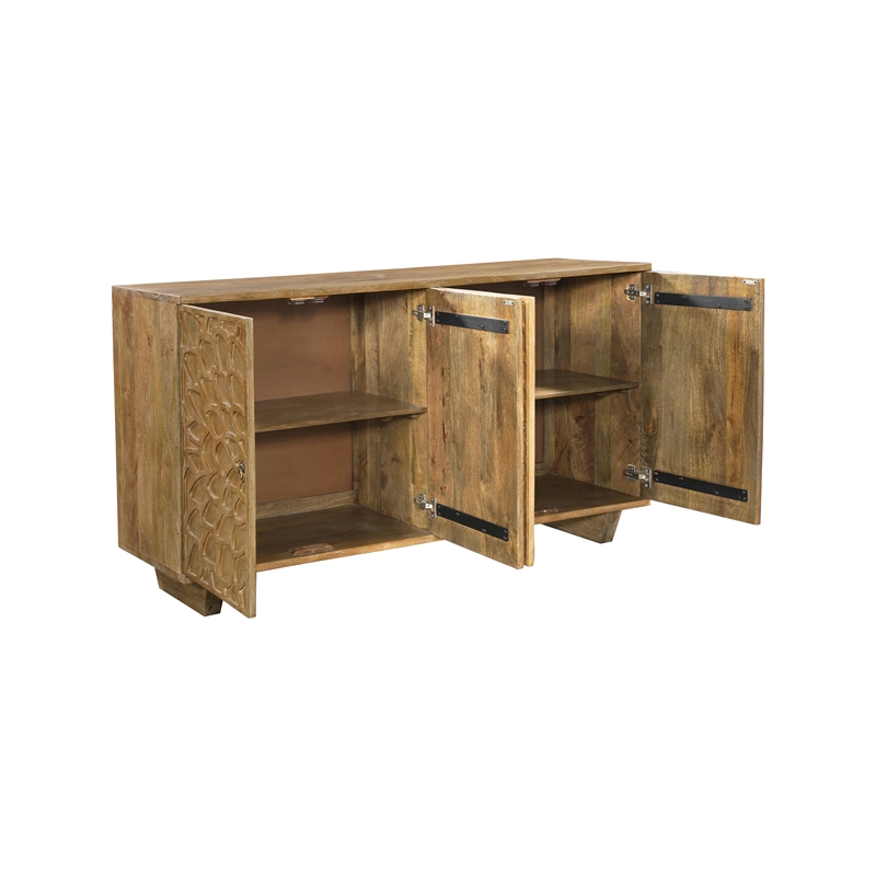 Pemberly Row Traditional 4-Door Carved Solid Wood Sideboard in Brown