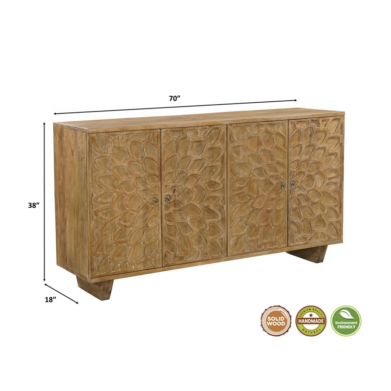 Pemberly Row Traditional 4-Door Carved Solid Wood Sideboard in Brown