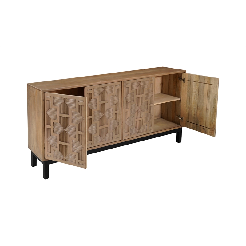 Pemberly Row Traditional 4-Door Carved Solid Wood Sideboard in Brown