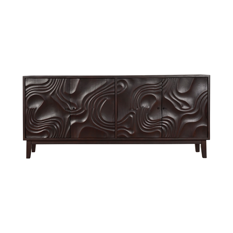Pemberly Row 4-Door Carved Solid Wood Sideboard in Dark Brown
