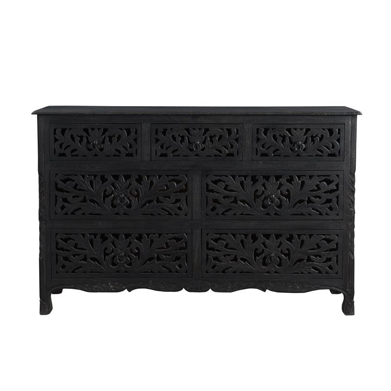 Pemberly Row 3-piece Floral Carved Solid Wood Bedroom Set in Black