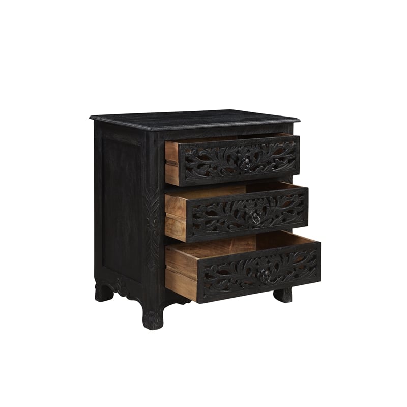Pemberly Row 3-piece Floral Carved Solid Wood Bedroom Set in Black