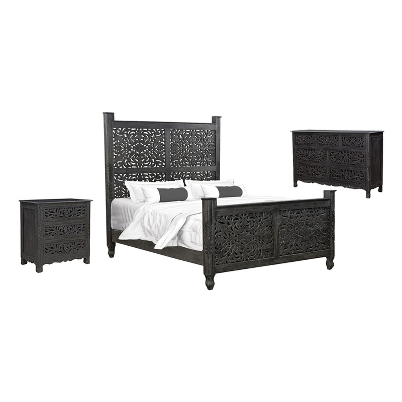 Pemberly Row 3-piece Floral Carved Solid Wood Bedroom Set in Black