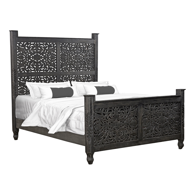 Pemberly Row 3-piece Floral Carved Solid Wood Bedroom Set in Black