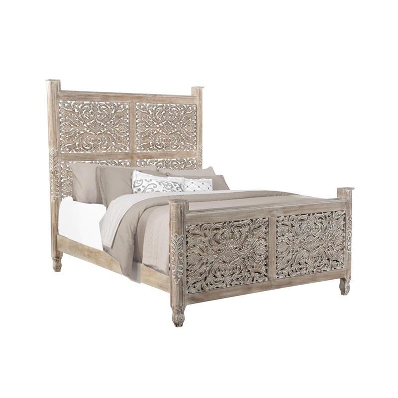 Pemberly Row 3-piece Floral Carved Solid Wood Bedroom Set in Gray