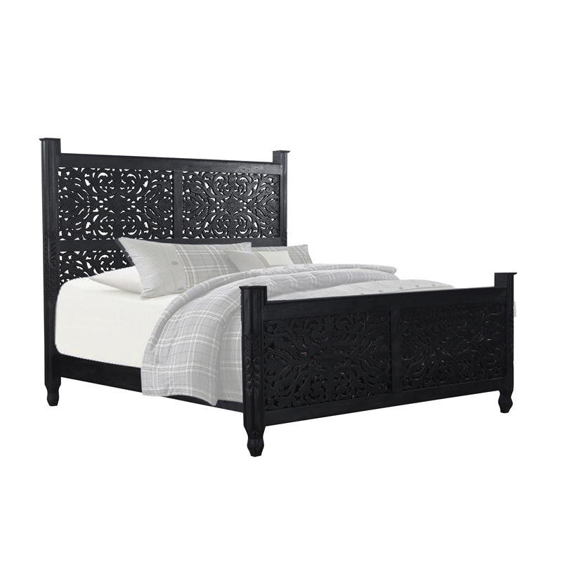 Pemberly Row 3-piece Floral Carved Solid Wood Bedroom Set in Black