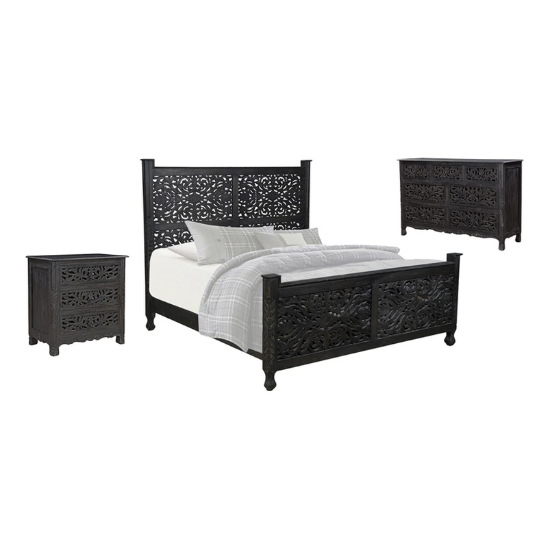 Pemberly Row 3-piece Floral Carved Solid Wood Bedroom Set in Black
