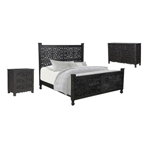 Pemberly Row 3-piece Floral Carved Solid Wood Bedroom Set in Black