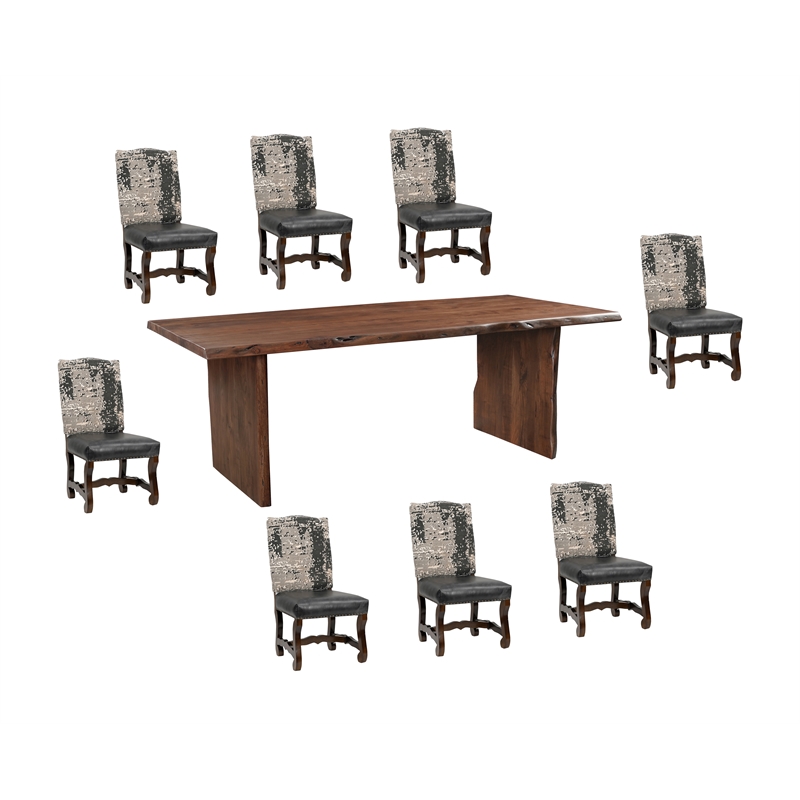 Pemberly Row 9-piece Live Edge Solid Wood Dining Set in Dark Brown