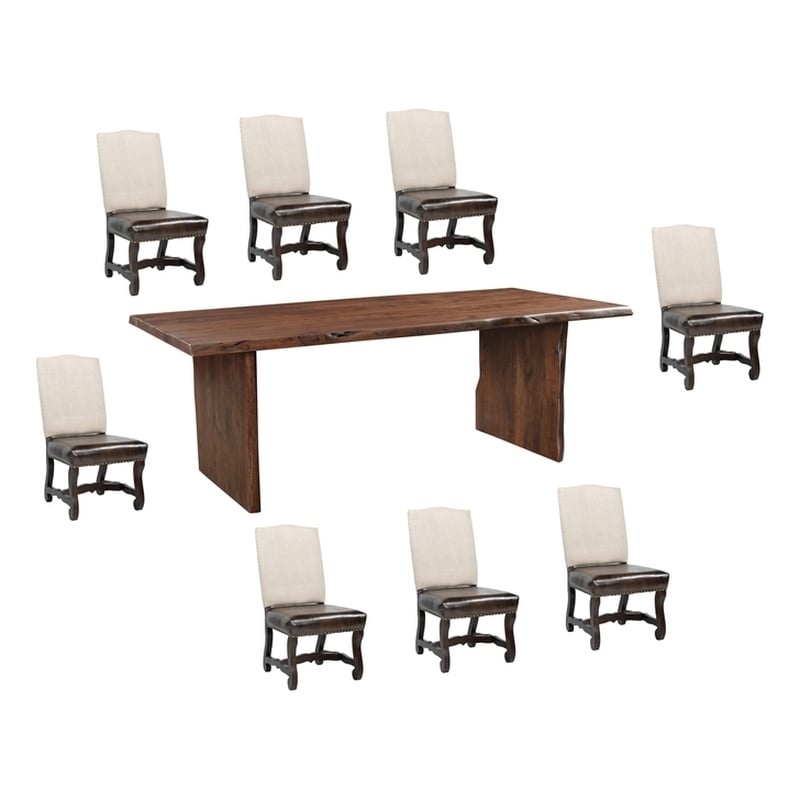 Pemberly Row 9-piece Live Edge Solid Wood Dining Set in Dark Brown