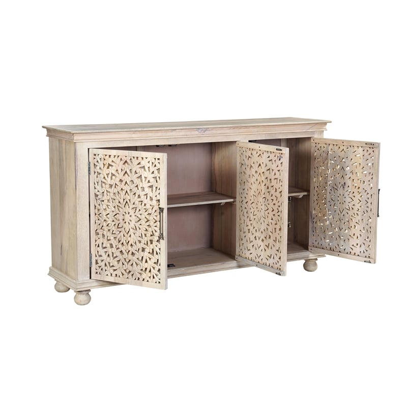 Pemberly Row 3-Door Floral Carved Solid Wood Sideboard in White