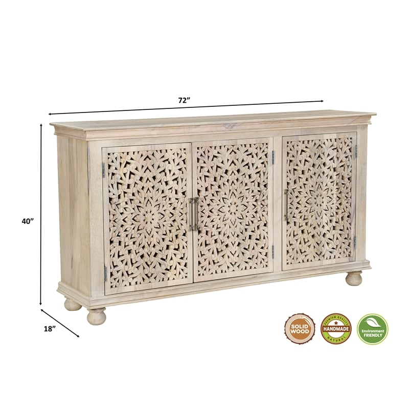 Pemberly Row 3-Door Floral Carved Solid Wood Sideboard in White
