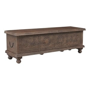 Pemberly Row Traditional Carved Solid Wood Storage Ottoman in Brown