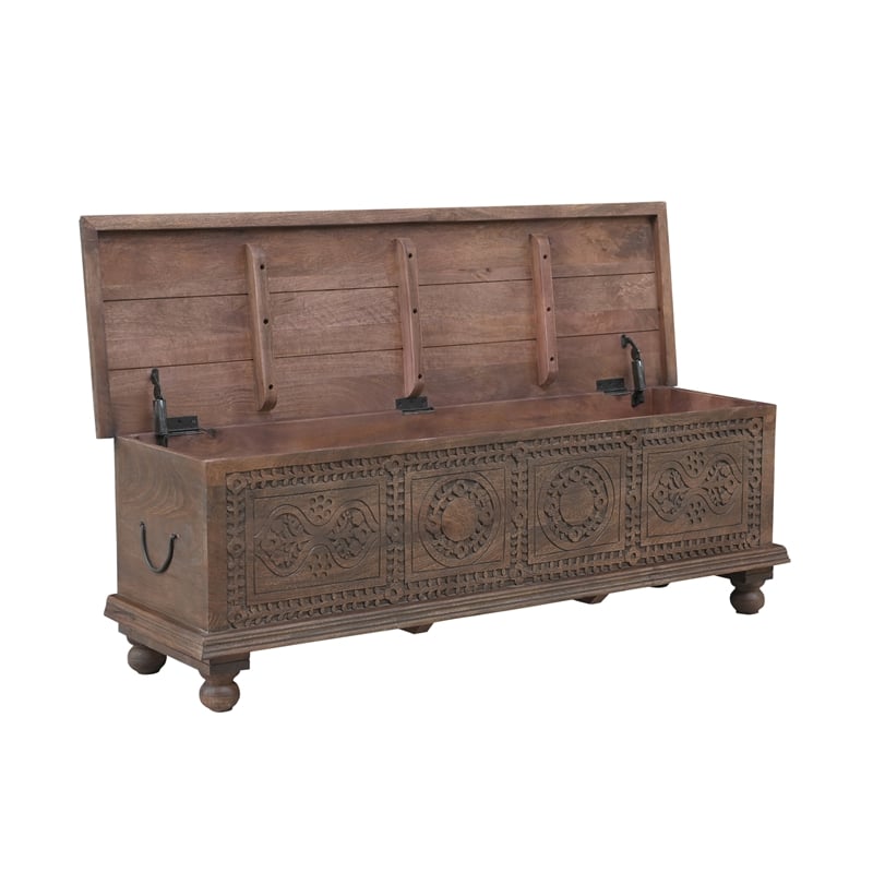Pemberly Row Traditional Carved Solid Wood Storage Ottoman in Brown