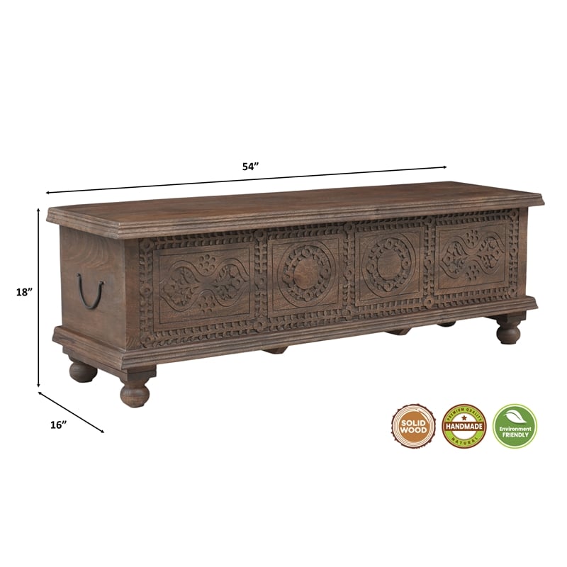 Pemberly Row Traditional Carved Solid Wood Storage Ottoman in Brown
