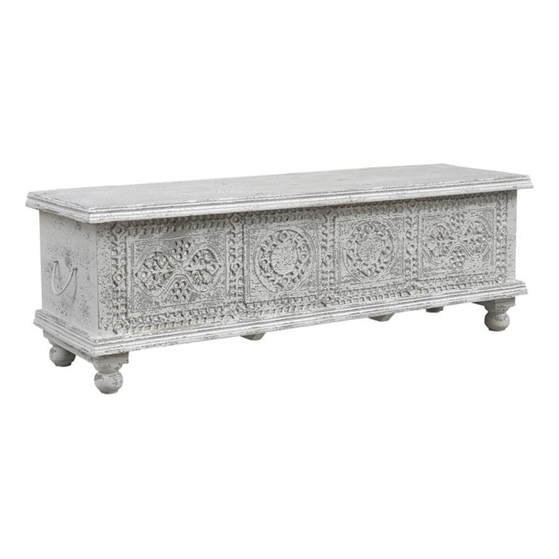 Pemberly Row Traditional Carved Solid Wood Storage Ottoman in White