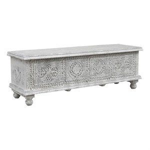 Pemberly Row Traditional Carved Solid Wood Storage Ottoman in White