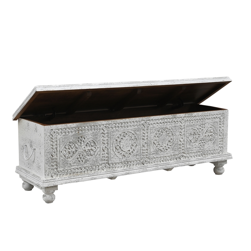 Pemberly Row Traditional Carved Solid Wood Storage Ottoman in White