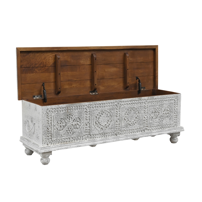 Pemberly Row Traditional Carved Solid Wood Storage Ottoman in White