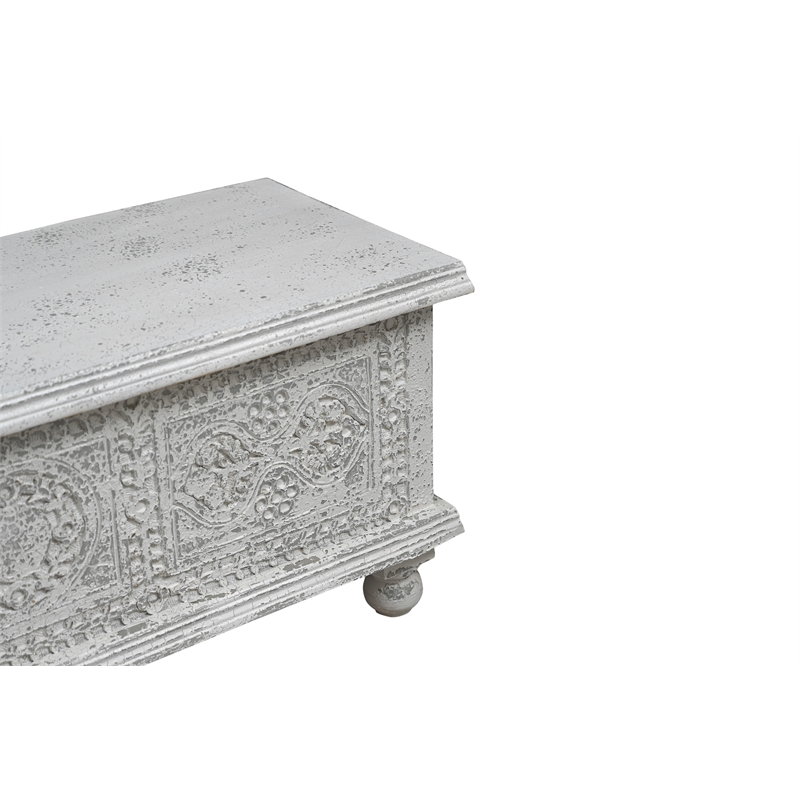 Pemberly Row Traditional Carved Solid Wood Storage Ottoman in White